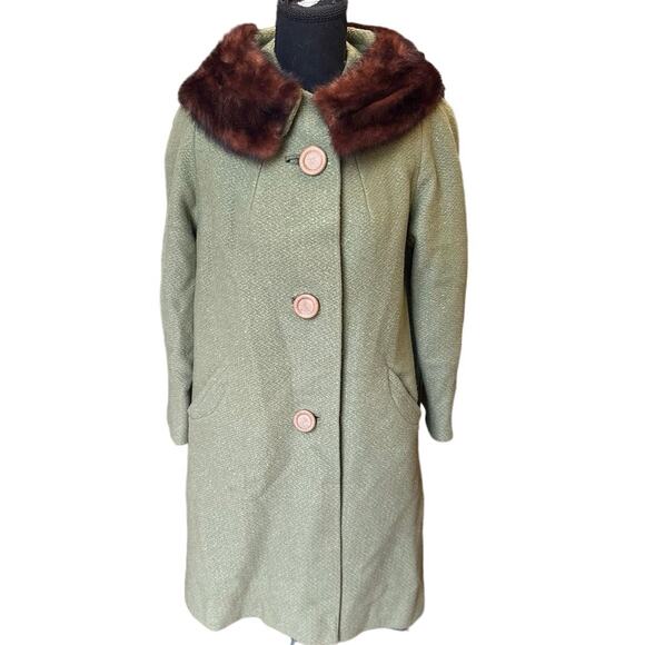 Rare Vintage 1950s - 60s  Bettyjean Green Swing Coat Real Fur Collar SZ. 8 MCM - Picture 14 of 16